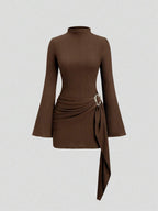 Sweetra Women's Stand Collar Cinched Waist Minimalist Flare Sleeve Bodycon Midi Dress