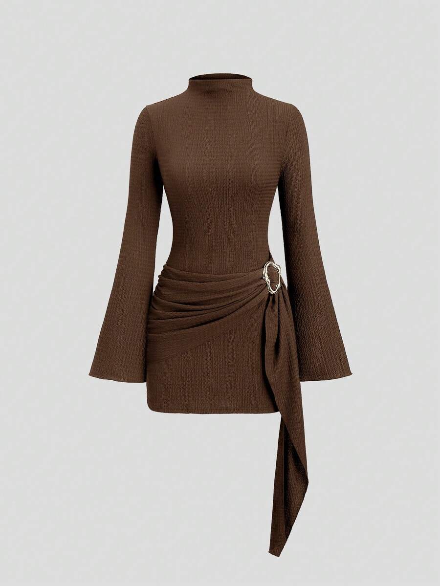 Sweetra Women's Stand Collar Cinched Waist Minimalist Flare Sleeve Bodycon Midi Dress