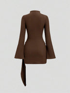 Sweetra Women's Stand Collar Cinched Waist Minimalist Flare Sleeve Bodycon Midi Dress