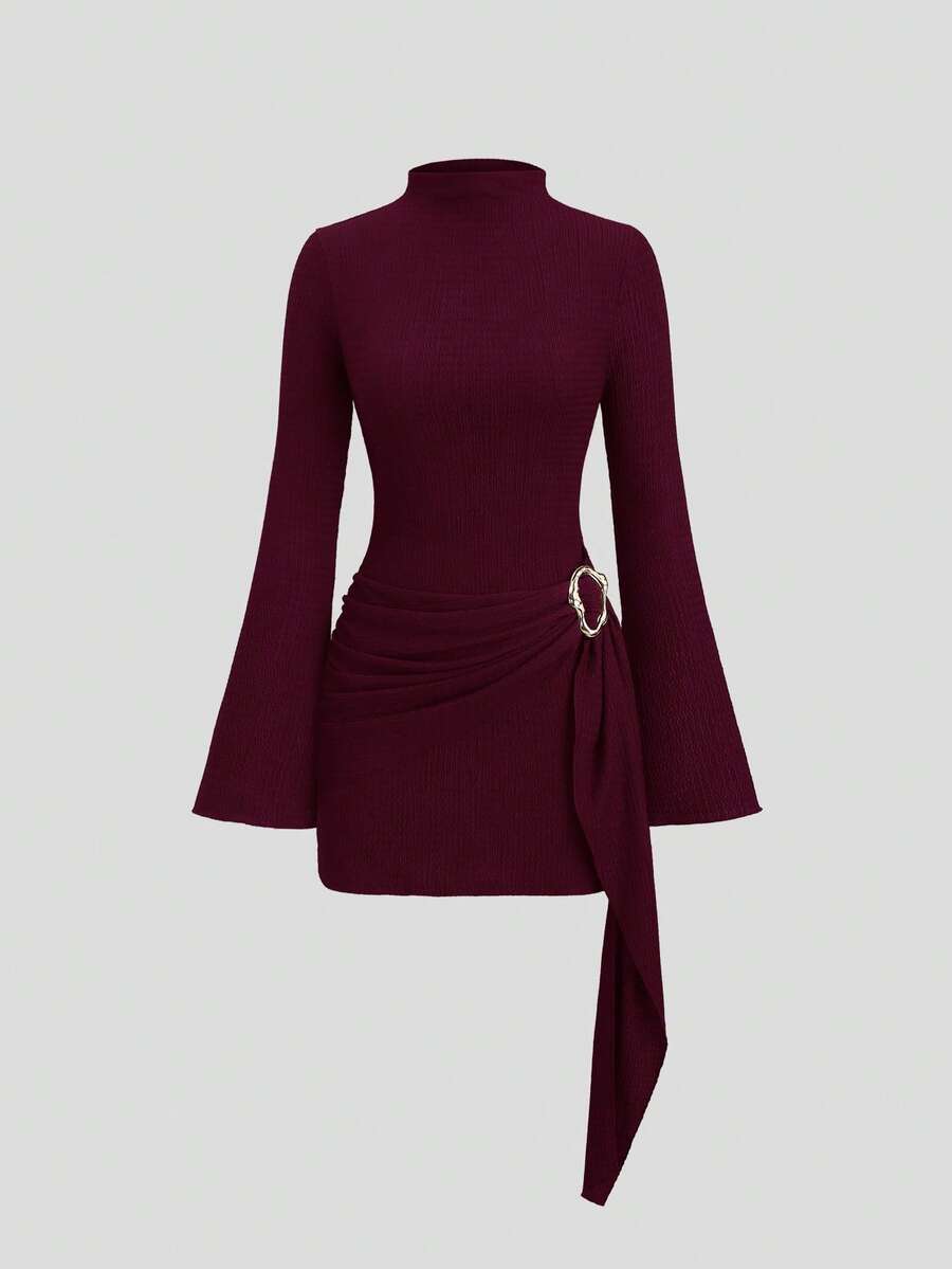 Sweetra Women's Stand Collar Cinched Waist Minimalist Flare Sleeve Bodycon Midi Dress