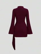 Sweetra Women's Stand Collar Cinched Waist Minimalist Flare Sleeve Bodycon Midi Dress