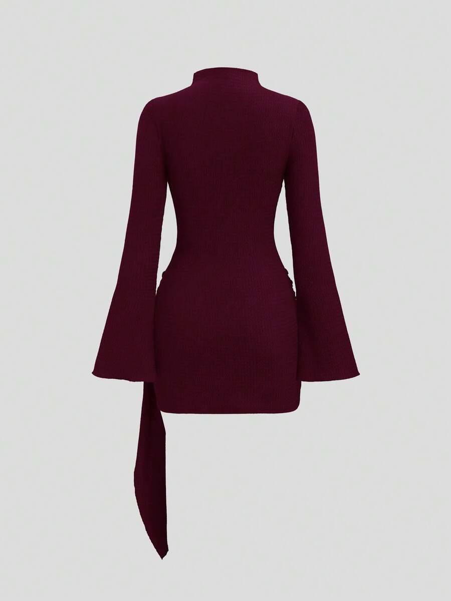 Sweetra Women's Stand Collar Cinched Waist Minimalist Flare Sleeve Bodycon Midi Dress