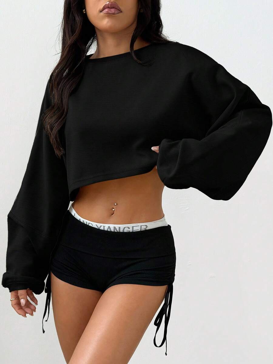 Mystra Solid Color Loose Cropped Women Top