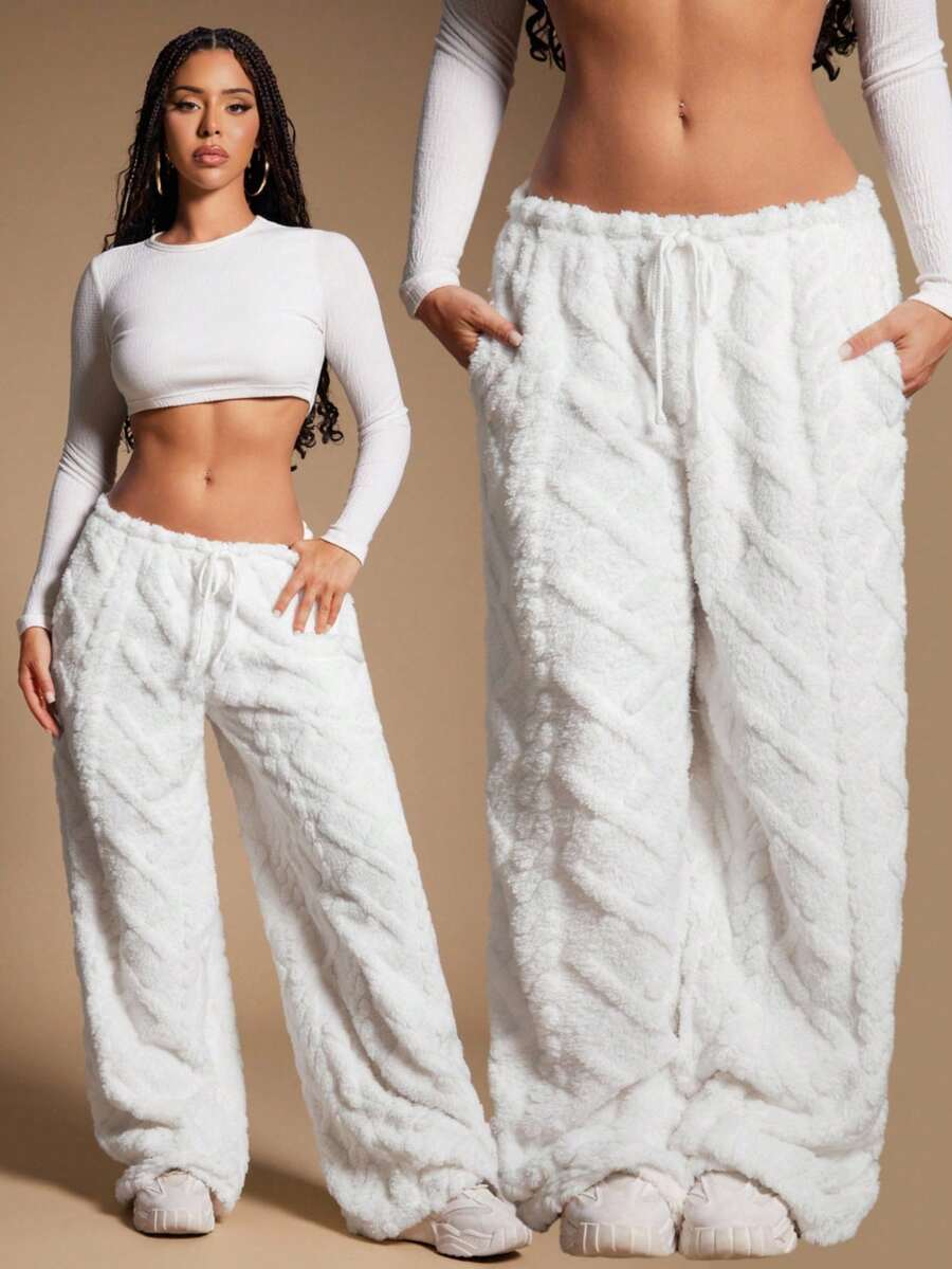 SHEIN SXY Women's Comfortable Casual Simple Low Waist Drawstring Wide Leg Pants Striped Pants Set Comfy Pants Set Women Lounge Pants Set