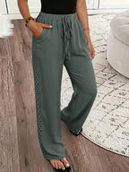 EMERY ROSE Women's Denim Effect Linen Blend Pants With Lace Hem Fall Cloth For Women