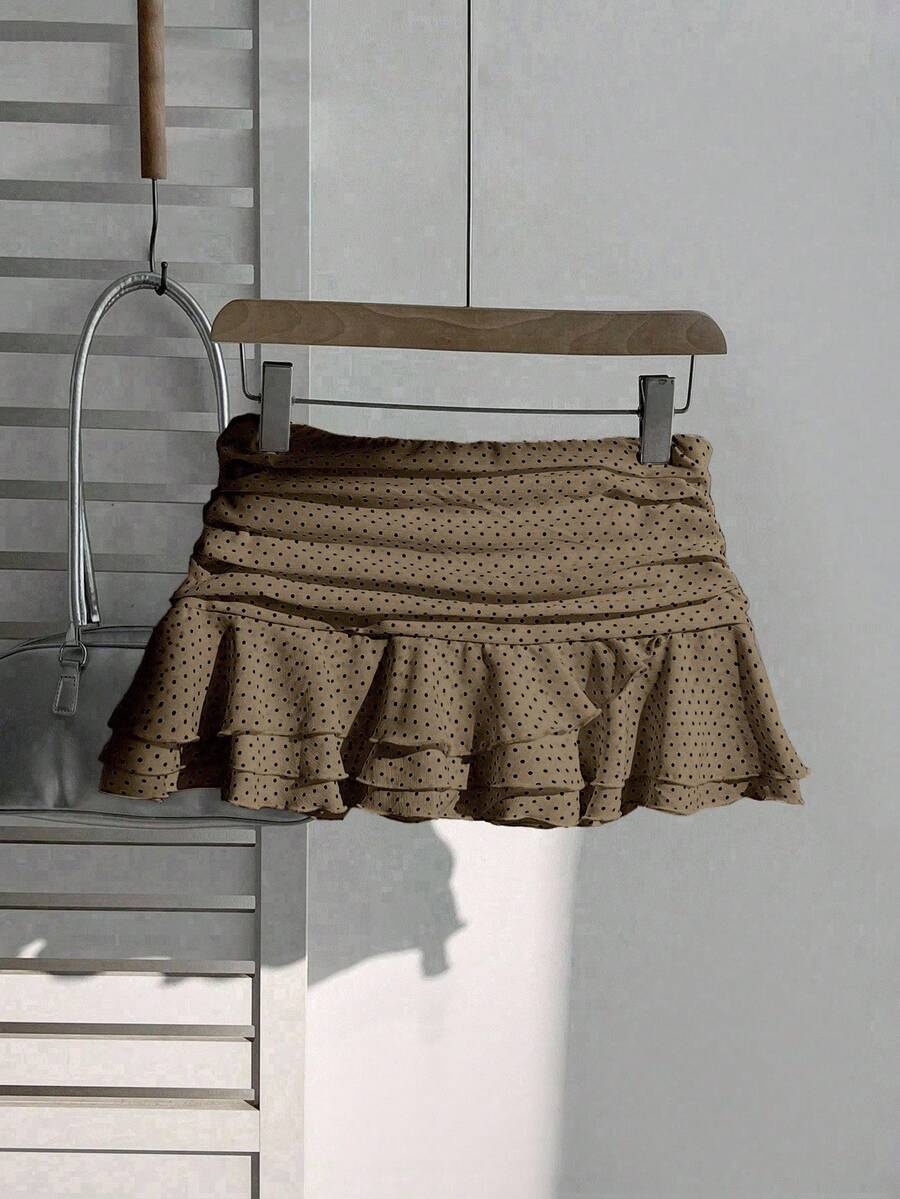 Elamini Women's Fashion Pleated Layered Decor Sweet Design Charming Polka Dot Ruffle Hem Vacation Style Skirt