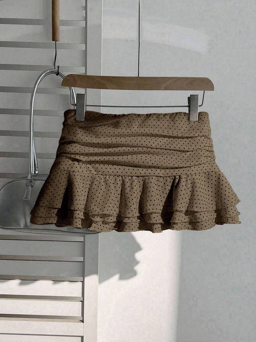 Elamini Women's Fashion Pleated Layered Decor Sweet Design Charming Polka Dot Ruffle Hem Vacation Style Skirt
