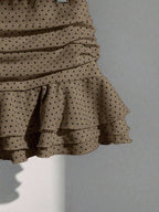 Elamini Women's Fashion Pleated Layered Decor Sweet Design Charming Polka Dot Ruffle Hem Vacation Style Skirt