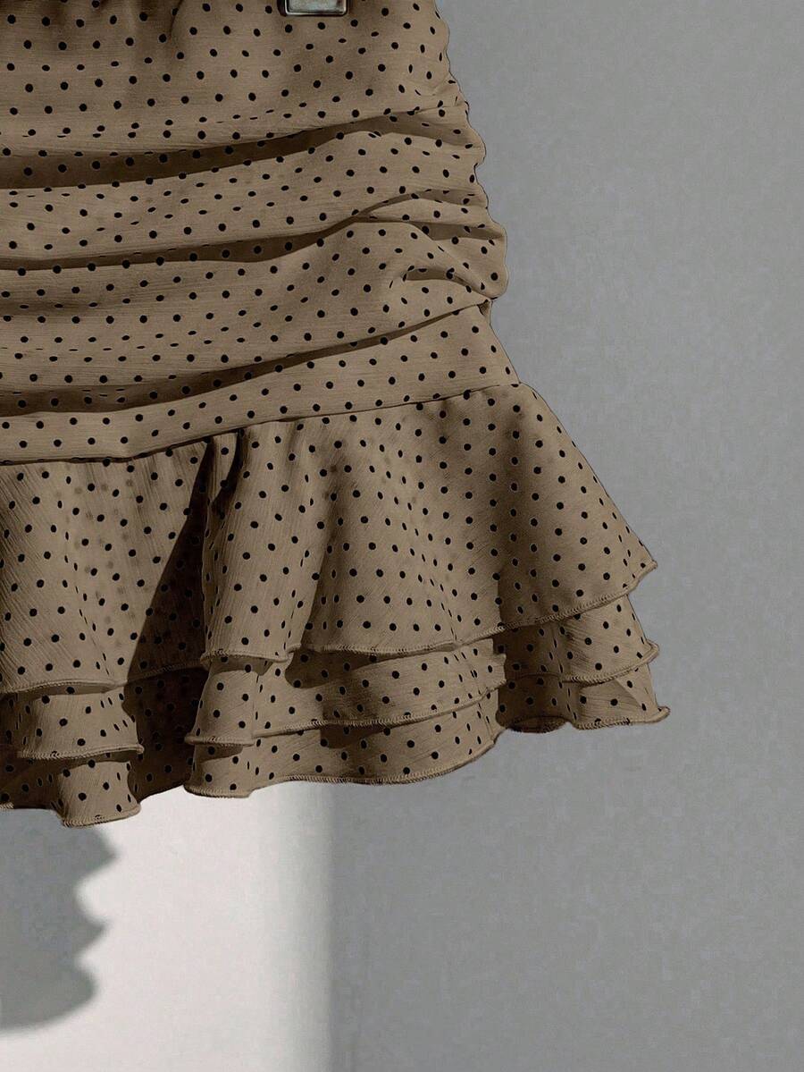 Elamini Women's Fashion Pleated Layered Decor Sweet Design Charming Polka Dot Ruffle Hem Vacation Style Skirt