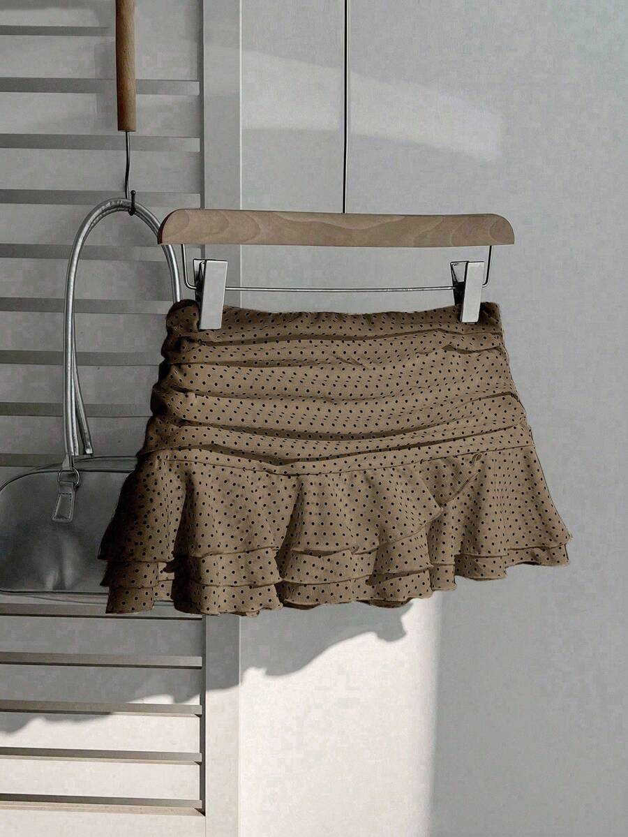 Elamini Women's Fashion Pleated Layered Decor Sweet Design Charming Polka Dot Ruffle Hem Vacation Style Skirt