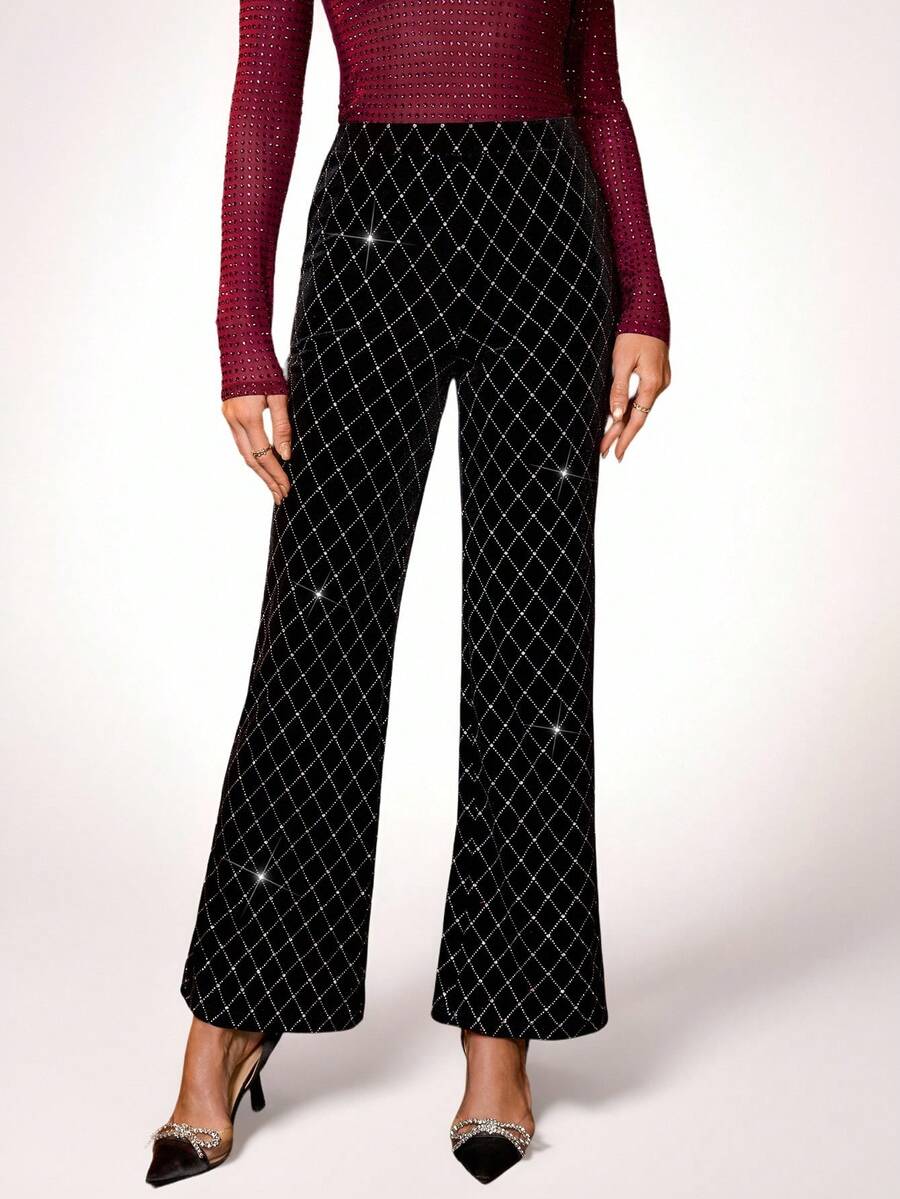 SHEIN Clasi Summer Elegant Women's Plaid Printed Elastic Knitted Pants, Suitable For Various Occasions, Suitable For Summer Vacation, Elegant Travel, And Daily Commuting Business Casual Woman