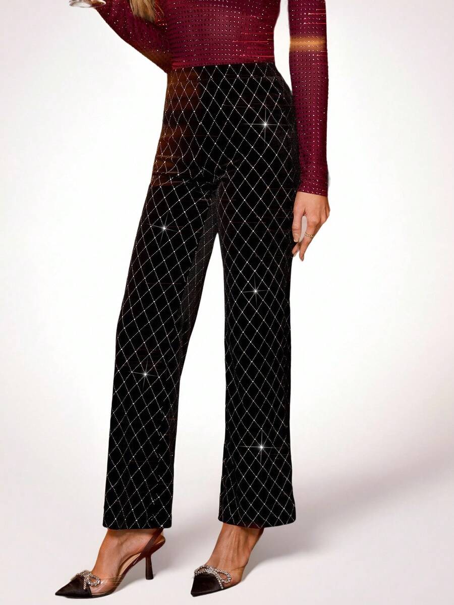 SHEIN Clasi Summer Elegant Women's Plaid Printed Elastic Knitted Pants, Suitable For Various Occasions, Suitable For Summer Vacation, Elegant Travel, And Daily Commuting Business Casual Woman