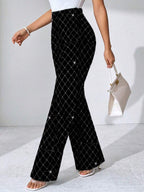 SHEIN Clasi Summer Elegant Women's Plaid Printed Elastic Knitted Pants, Suitable For Various Occasions, Suitable For Summer Vacation, Elegant Travel, And Daily Commuting Business Casual Woman