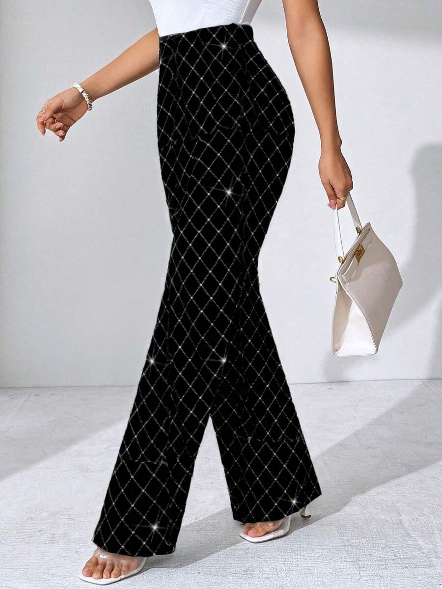 SHEIN Clasi Summer Elegant Women's Plaid Printed Elastic Knitted Pants, Suitable For Various Occasions, Suitable For Summer Vacation, Elegant Travel, And Daily Commuting Business Casual Woman