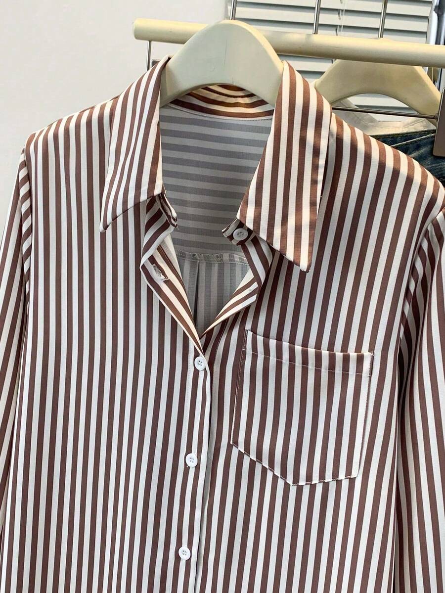 Women's Casual Basic Striped Pointed Collar Long Sleeve Shirt Blouse With Button Pockets, Suitable For Daily Office Wear, Autumn/Winter/Spring