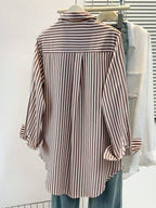 Women's Casual Basic Striped Pointed Collar Long Sleeve Shirt Blouse With Button Pockets, Suitable For Daily Office Wear, Autumn/Winter/Spring