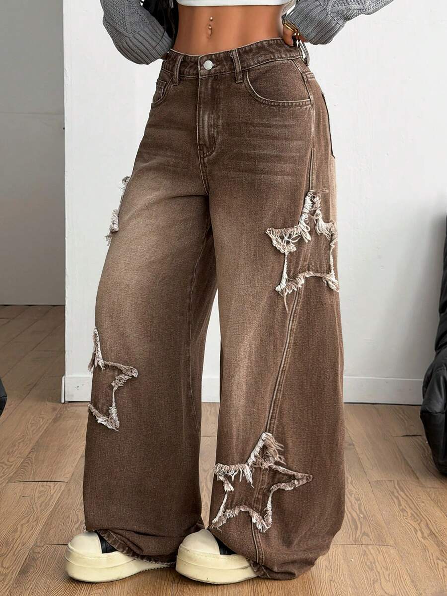 Coolane Women's Winter/All-Season Streetwear  Hippie   Music Festival Party Casual Preppy Vintage Basic Star Patched Washed Comfortable Black Baggy  Jeans