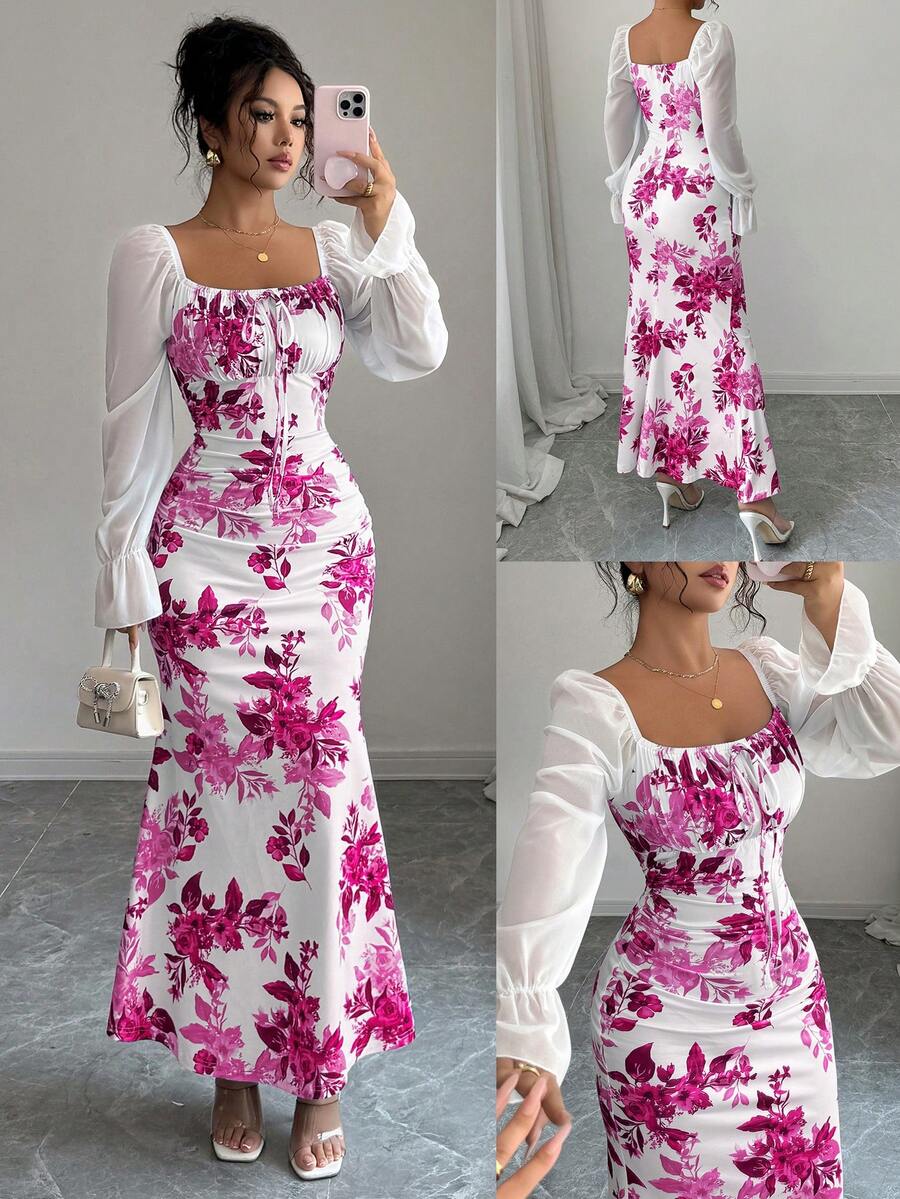 Elenzga New Women's Square Neck Tie Bow Chiffon Puff Sleeve Design Dress, Versatile For Dates, Gatherings, Daily Wear, Waist Cinching, Flattering, Elegant, Youthful, Long Dress For Spring, Summer, Autumn