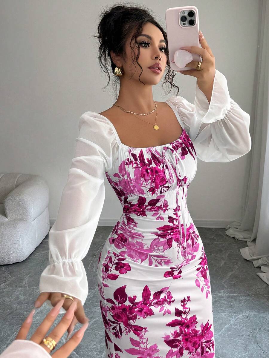 Elenzga New Women's Square Neck Tie Bow Chiffon Puff Sleeve Design Dress, Versatile For Dates, Gatherings, Daily Wear, Waist Cinching, Flattering, Elegant, Youthful, Long Dress For Spring, Summer, Autumn