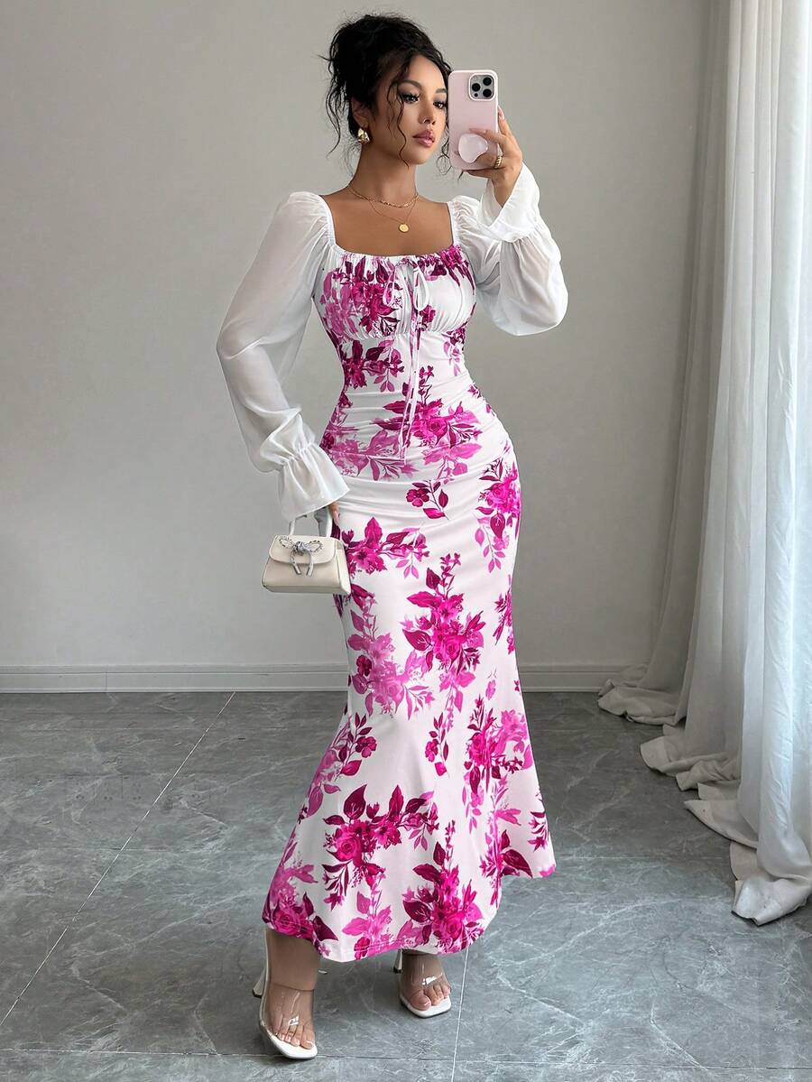 Elenzga New Women's Square Neck Tie Bow Chiffon Puff Sleeve Design Dress, Versatile For Dates, Gatherings, Daily Wear, Waist Cinching, Flattering, Elegant, Youthful, Long Dress For Spring, Summer, Autumn