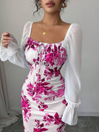 Elenzga New Women's Square Neck Tie Bow Chiffon Puff Sleeve Design Dress, Versatile For Dates, Gatherings, Daily Wear, Waist Cinching, Flattering, Elegant, Youthful, Long Dress For Spring, Summer, Autumn