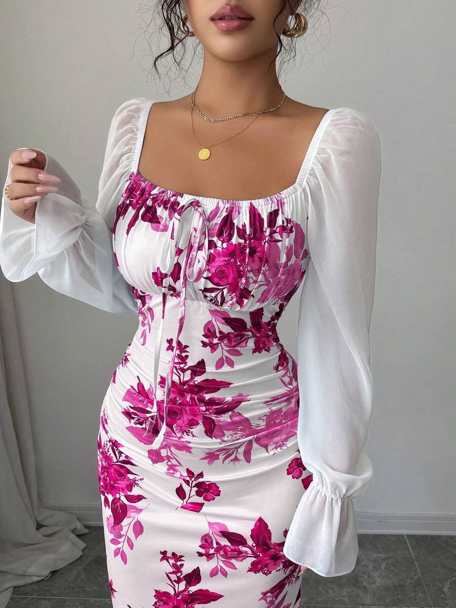 Elenzga New Women's Square Neck Tie Bow Chiffon Puff Sleeve Design Dress, Versatile For Dates, Gatherings, Daily Wear, Waist Cinching, Flattering, Elegant, Youthful, Long Dress For Spring, Summer, Autumn