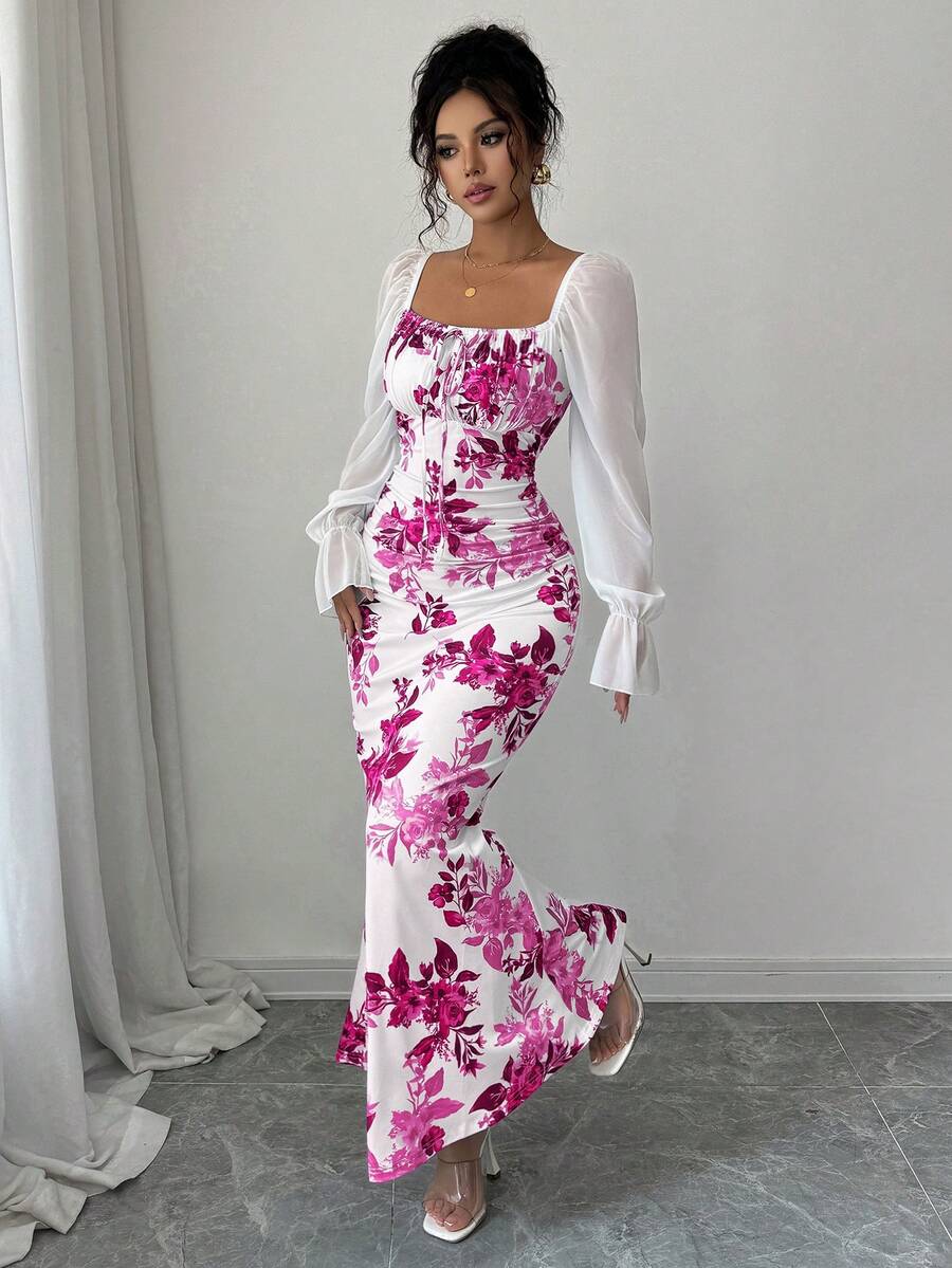 Elenzga New Women's Square Neck Tie Bow Chiffon Puff Sleeve Design Dress, Versatile For Dates, Gatherings, Daily Wear, Waist Cinching, Flattering, Elegant, Youthful, Long Dress For Spring, Summer, Autumn