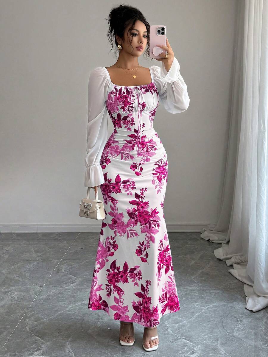 Elenzga New Women's Square Neck Tie Bow Chiffon Puff Sleeve Design Dress, Versatile For Dates, Gatherings, Daily Wear, Waist Cinching, Flattering, Elegant, Youthful, Long Dress For Spring, Summer, Autumn