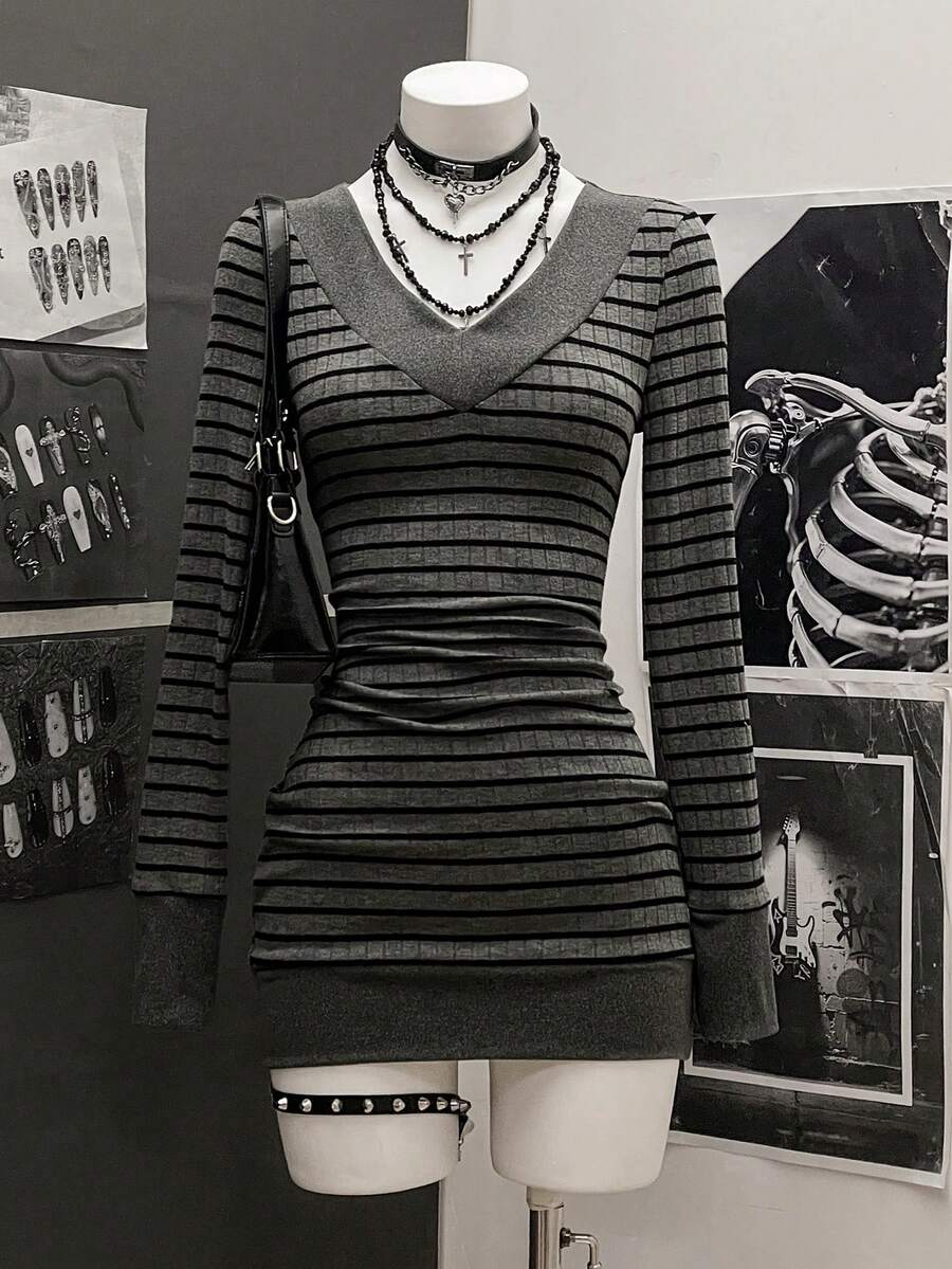 StreetHx Women's Casual Striped V-Neck Long Sleeve Short Dress