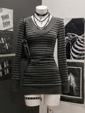 StreetHx Women's Casual Striped V-Neck Long Sleeve Short Dress