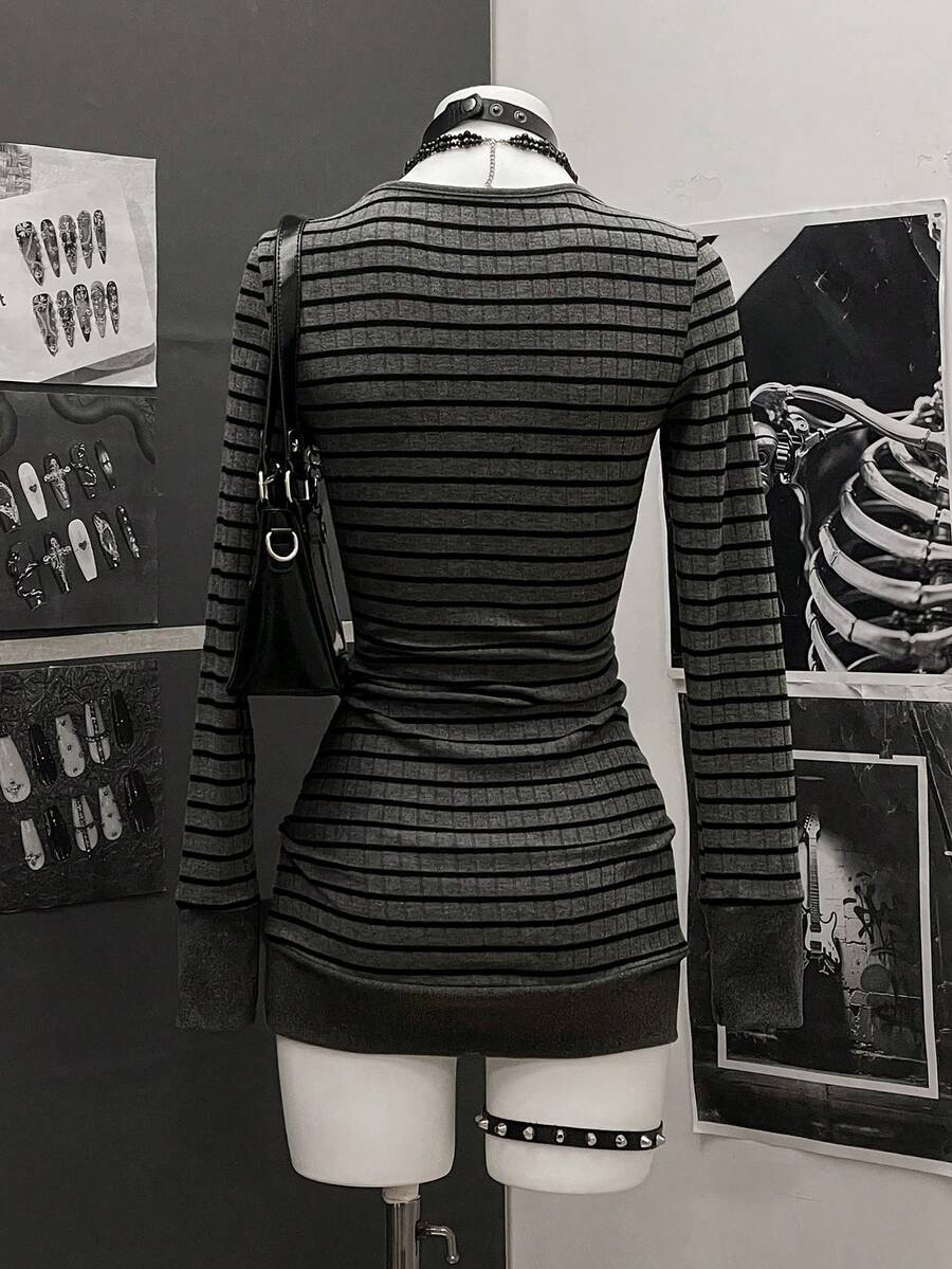StreetHx Women's Casual Striped V-Neck Long Sleeve Short Dress