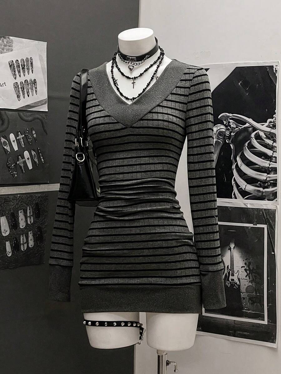 StreetHx Women's Casual Striped V-Neck Long Sleeve Short Dress