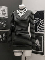 StreetHx Women's Casual Striped V-Neck Long Sleeve Short Dress