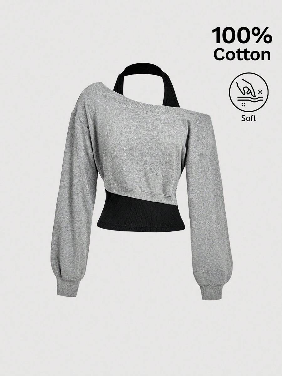 SHEIN MOD Women Asymmetrical Neck Grey 2 In 1 Sweatshirt In Fall/Winter