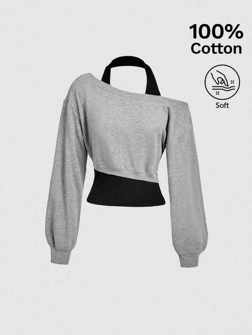 SHEIN MOD Women Asymmetrical Neck Grey 2 In 1 Sweatshirt In Fall/Winter