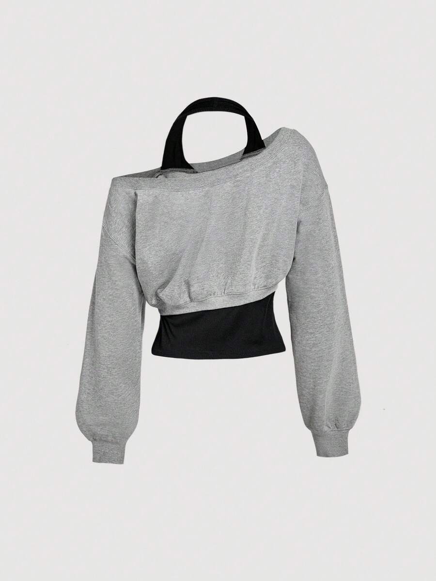 SHEIN MOD Women Asymmetrical Neck Grey 2 In 1 Sweatshirt In Fall/Winter