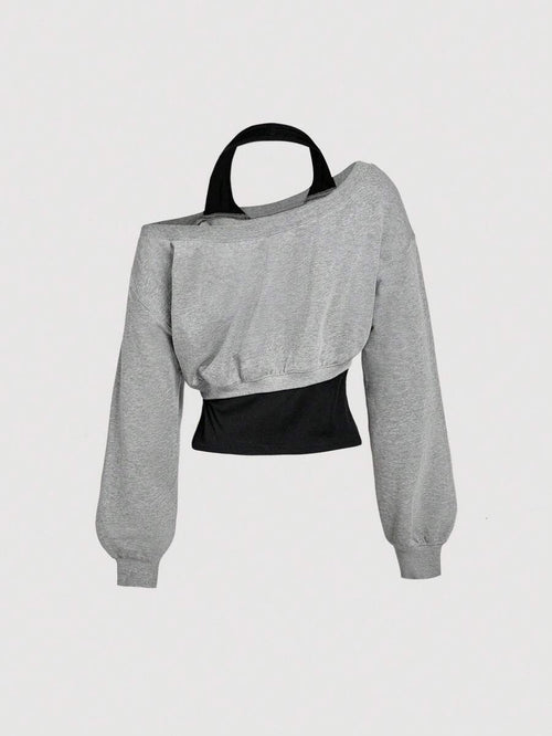 SHEIN MOD Women Asymmetrical Neck Grey 2 In 1 Sweatshirt In Fall/Winter