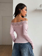 Coolane Women's Winter Streetwear Basic Casual Y2K Rib Knit Witchy Goth Music Festival  Lace Patchwork Off The Shoulder Warm/ Cold Weather/ Thermal Long Sleeve Black Top