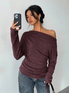 Aloruh Grey Knit Oblique Shoulder Casual Commuter Top, Autumn,Solid Color T-Shirt,Long-Sleeved T-Shirt,Old Money Style,Simple,Commuting,Business Casual Outfits Women,Office Outfits For Women,Work Tops,Fall Clothes,Autumn Outfits For Women,Off The Shoulder Top