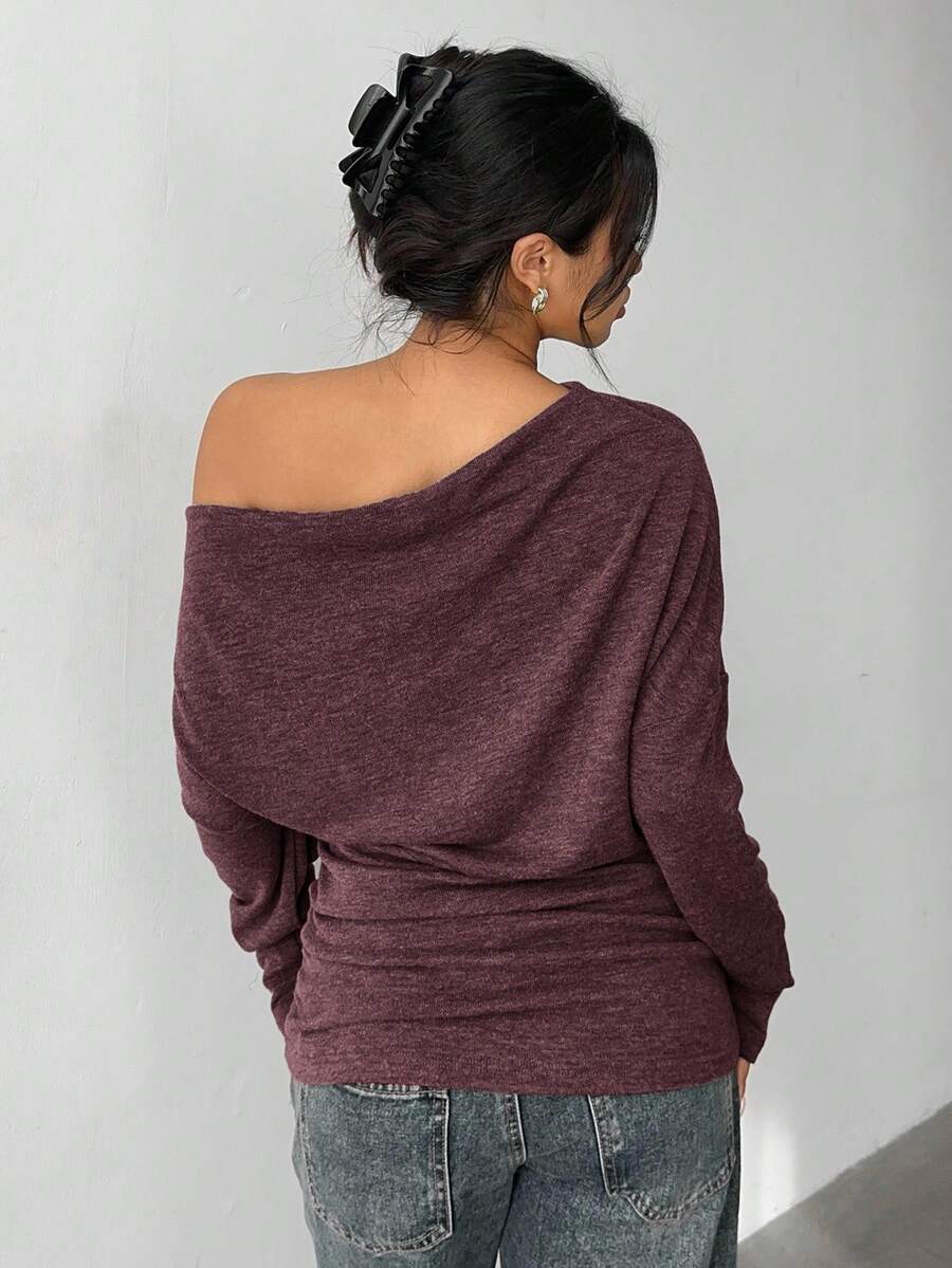 Aloruh Grey Knit Oblique Shoulder Casual Commuter Top, Autumn,Solid Color T-Shirt,Long-Sleeved T-Shirt,Old Money Style,Simple,Commuting,Business Casual Outfits Women,Office Outfits For Women,Work Tops,Fall Clothes,Autumn Outfits For Women,Off The Shoulder Top