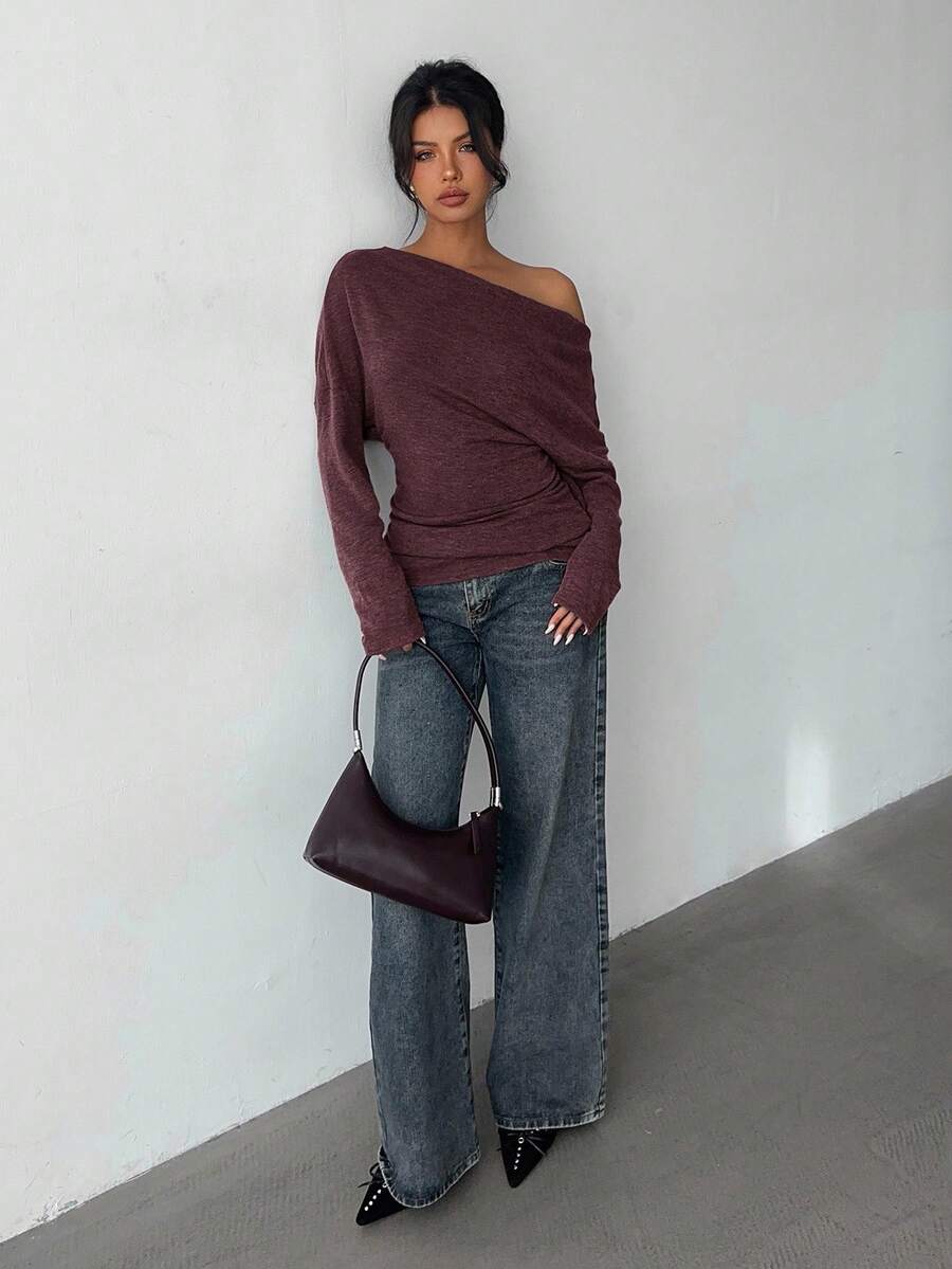 Aloruh Grey Knit Oblique Shoulder Casual Commuter Top, Autumn,Solid Color T-Shirt,Long-Sleeved T-Shirt,Old Money Style,Simple,Commuting,Business Casual Outfits Women,Office Outfits For Women,Work Tops,Fall Clothes,Autumn Outfits For Women,Off The Shoulder Top