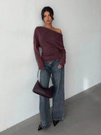 Aloruh Grey Knit Oblique Shoulder Casual Commuter Top, Autumn,Solid Color T-Shirt,Long-Sleeved T-Shirt,Old Money Style,Simple,Commuting,Business Casual Outfits Women,Office Outfits For Women,Work Tops,Fall Clothes,Autumn Outfits For Women,Off The Shoulder Top