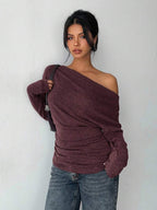 Aloruh Grey Knit Oblique Shoulder Casual Commuter Top, Autumn,Solid Color T-Shirt,Long-Sleeved T-Shirt,Old Money Style,Simple,Commuting,Business Casual Outfits Women,Office Outfits For Women,Work Tops,Fall Clothes,Autumn Outfits For Women,Off The Shoulder Top