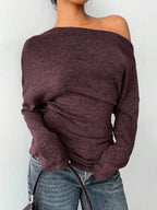 Aloruh Grey Knit Oblique Shoulder Casual Commuter Top, Autumn,Solid Color T-Shirt,Long-Sleeved T-Shirt,Old Money Style,Simple,Commuting,Business Casual Outfits Women,Office Outfits For Women,Work Tops,Fall Clothes,Autumn Outfits For Women,Off The Shoulder Top