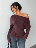 Aloruh Grey Knit Oblique Shoulder Casual Commuter Top, Autumn,Solid Color T-Shirt,Long-Sleeved T-Shirt,Old Money Style,Simple,Commuting,Business Casual Outfits Women,Office Outfits For Women,Work Tops,Fall Clothes,Autumn Outfits For Women,Off The Shoulder Top