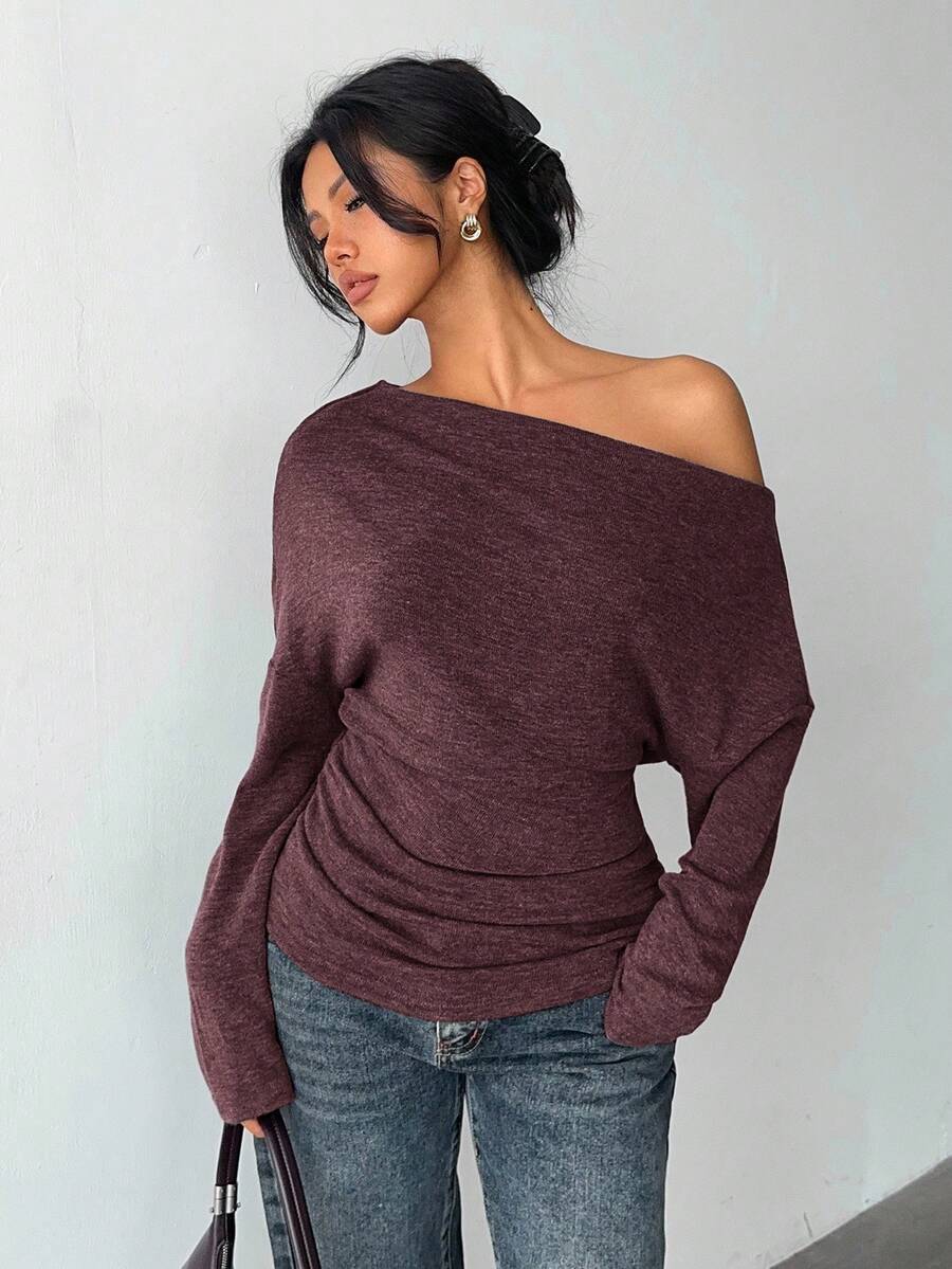 Aloruh Grey Knit Oblique Shoulder Casual Commuter Top, Autumn,Solid Color T-Shirt,Long-Sleeved T-Shirt,Old Money Style,Simple,Commuting,Business Casual Outfits Women,Office Outfits For Women,Work Tops,Fall Clothes,Autumn Outfits For Women,Off The Shoulder Top