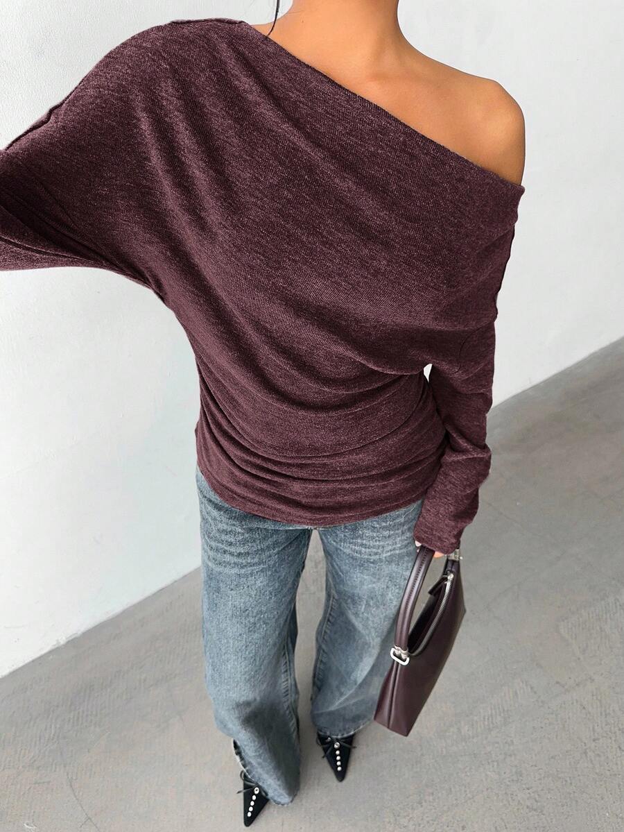 Aloruh Grey Knit Oblique Shoulder Casual Commuter Top, Autumn,Solid Color T-Shirt,Long-Sleeved T-Shirt,Old Money Style,Simple,Commuting,Business Casual Outfits Women,Office Outfits For Women,Work Tops,Fall Clothes,Autumn Outfits For Women,Off The Shoulder Top