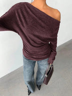 Aloruh Grey Knit Oblique Shoulder Casual Commuter Top, Autumn,Solid Color T-Shirt,Long-Sleeved T-Shirt,Old Money Style,Simple,Commuting,Business Casual Outfits Women,Office Outfits For Women,Work Tops,Fall Clothes,Autumn Outfits For Women,Off The Shoulder Top