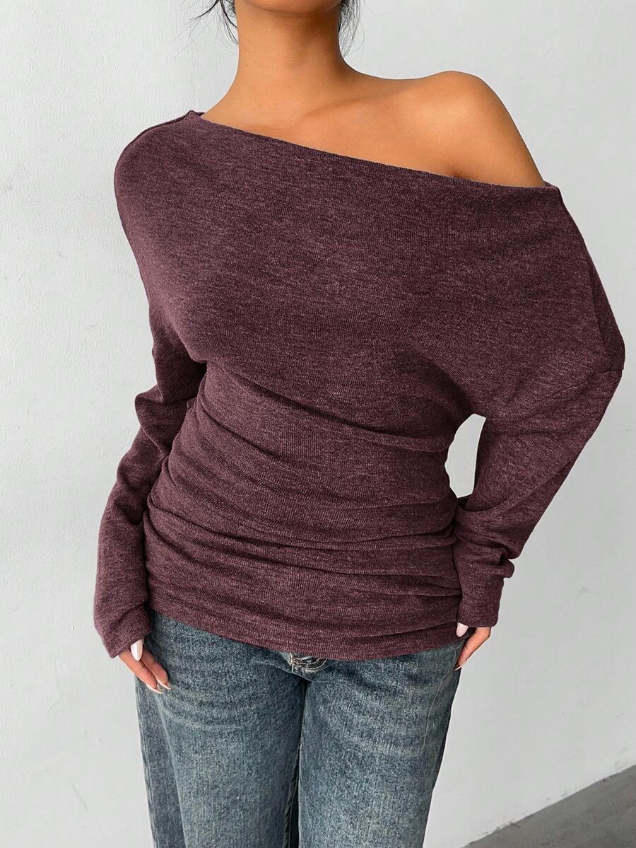 Aloruh Grey Knit Oblique Shoulder Casual Commuter Top, Autumn,Solid Color T-Shirt,Long-Sleeved T-Shirt,Old Money Style,Simple,Commuting,Business Casual Outfits Women,Office Outfits For Women,Work Tops,Fall Clothes,Autumn Outfits For Women,Off The Shoulder Top