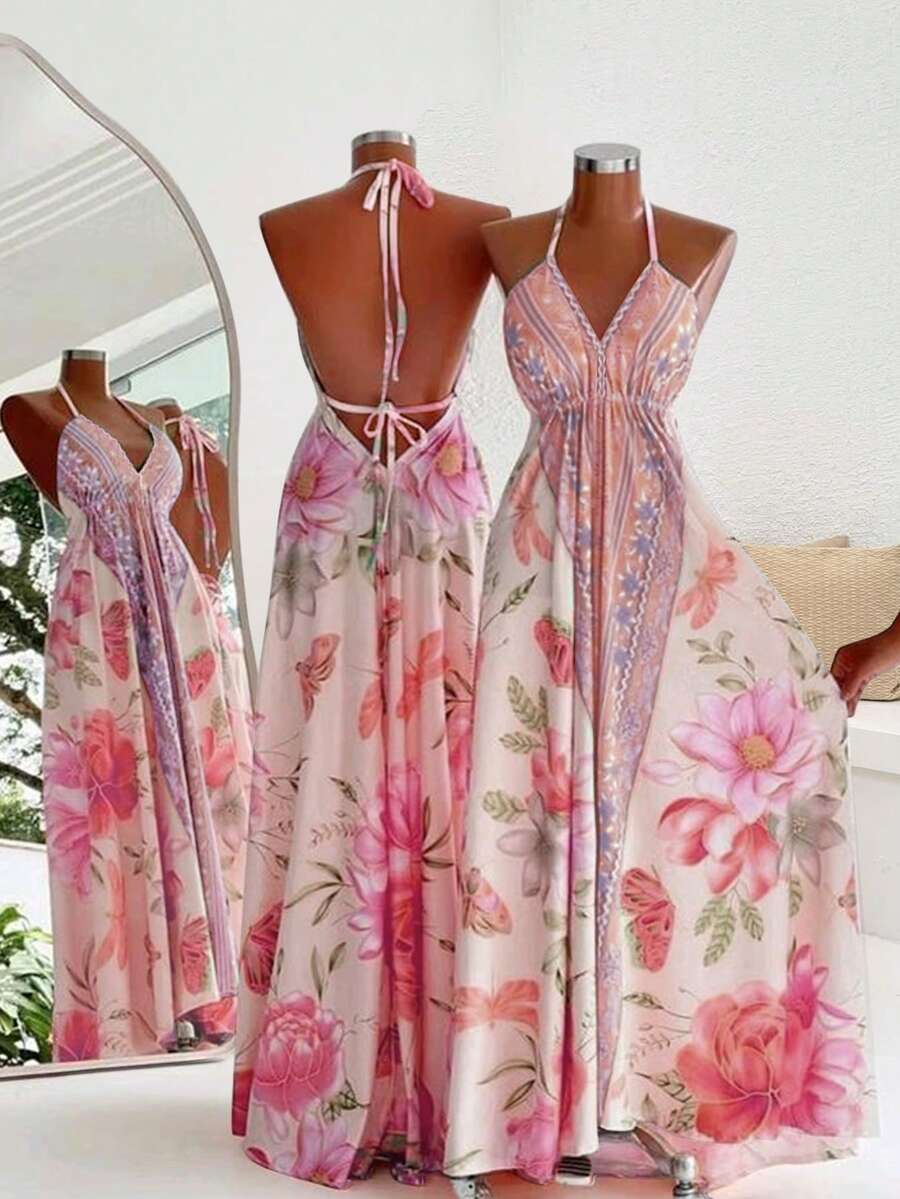 INAWLY Women's Floral Print Backless Halter Maxi Dress, Sexy Beach Vacation Style